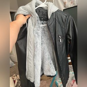 J2 Juniors Sz XL Black Faux Leather Coat With Removable Hood